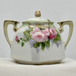 Antique Nippon Hand Painted Double-Handled Small Sugar Bowl With Lid Pink Roses~
